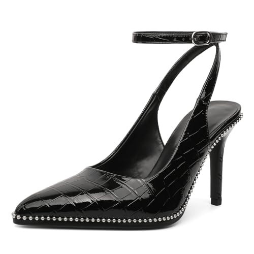 Soireelady Women Black Heels Ankle Strap Slingback High Heels Beaded Pumps Heel Sexy Dress Shoes 3.5 Inches Crocodile Black US Size 9.5 | Amazon (US)