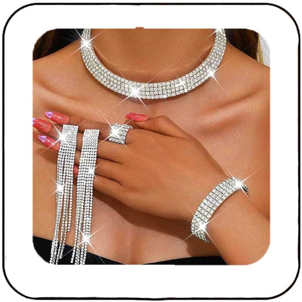 Unicra Rhinestone Bridal Wedding Jewelry Sets Silver Choker Necklace Earrings Bracelet Ring Set P... | Amazon (US)