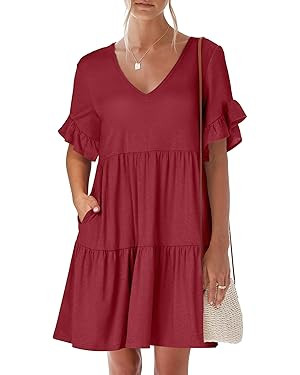 ANRABESS Women's 2024 Summer Trendy V Neck Ruffle Short Sleeve A Line Tiered Flowy Casual Mini Be... | Amazon (US)
