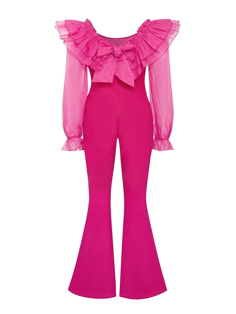 WDIRARA Girl's Ruffle Trim Square Neck Long Sleeve Flare Leg Jumpsuit High Waist Contrast Mesh Lo... | Amazon (US)