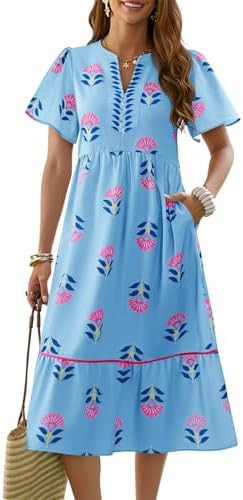 Wenrine Womens Summer Floral Midi Dress Casual Short Sleeve V Neck Flowy Ruffle Boho Beach Sundre... | Amazon (US)