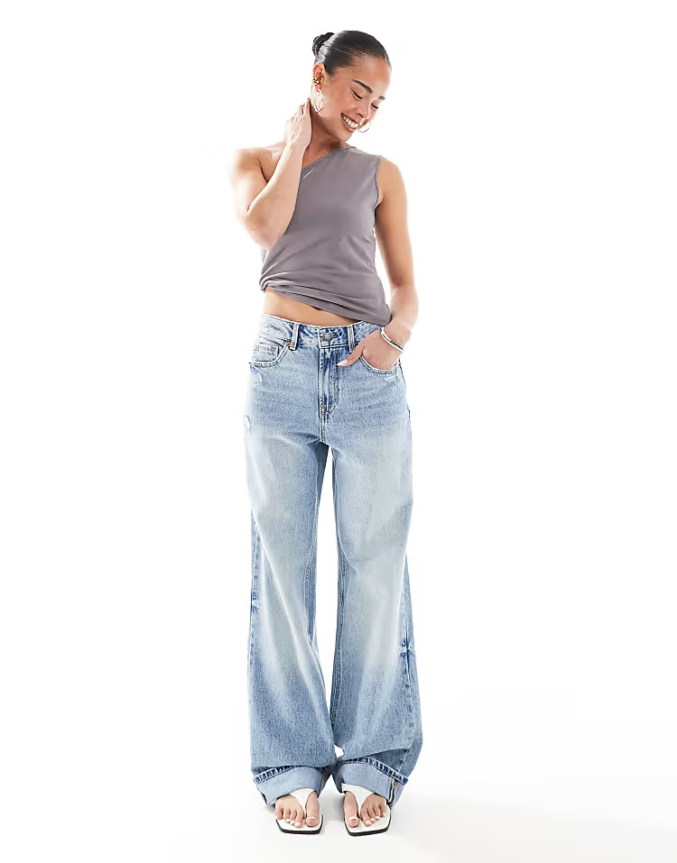 ASOS DESIGN wide leg dad jeans with turn up in light blue | ASOS (Global)