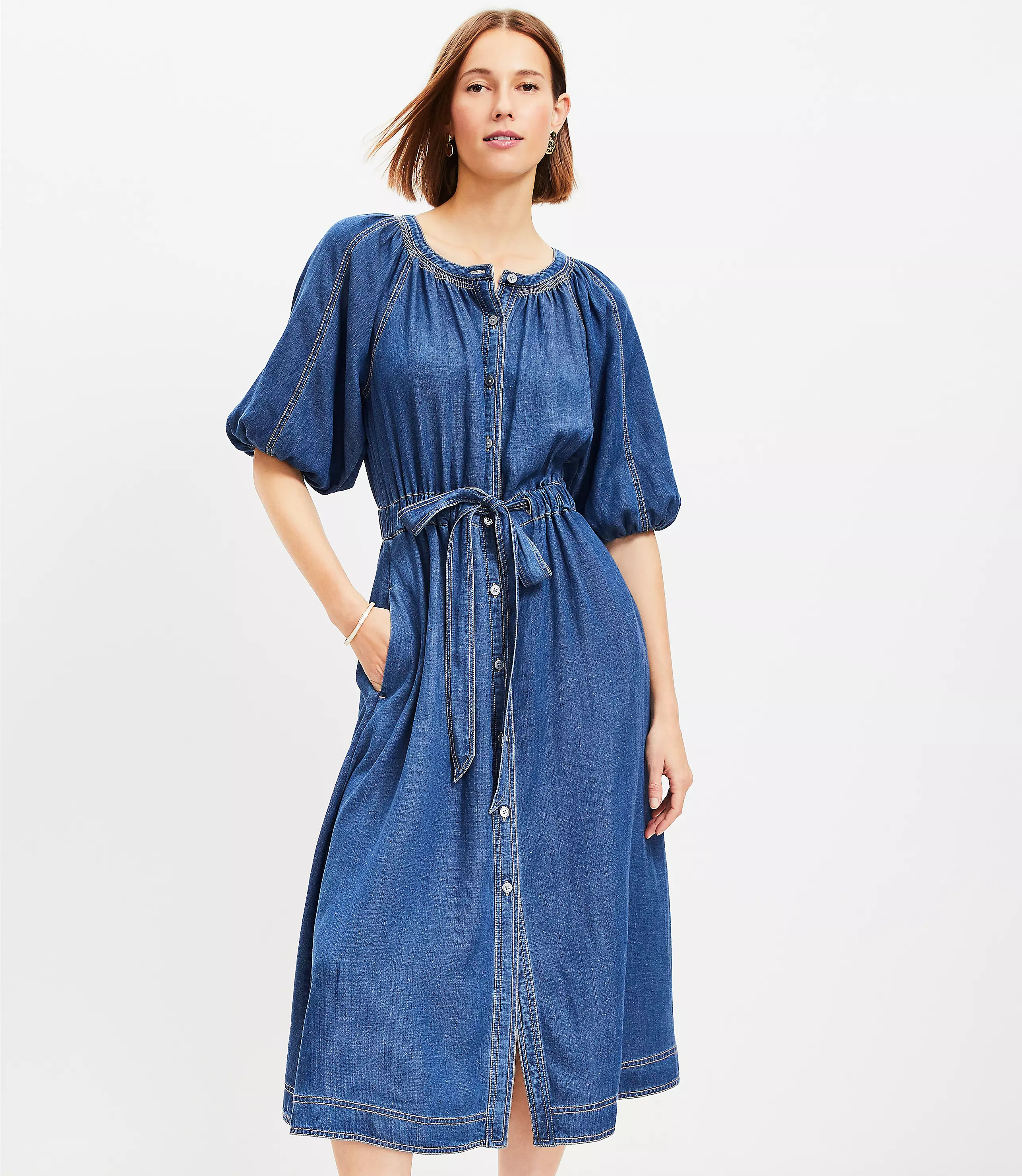 Chambray Pocket Midi Dress | LOFT