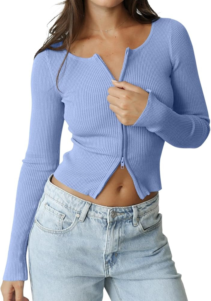 REORIA Womens Fall Trendy Double Zip Up Long Sleeve Soft Knit Lightweight Cropped Cardigan Sweate... | Amazon (US)