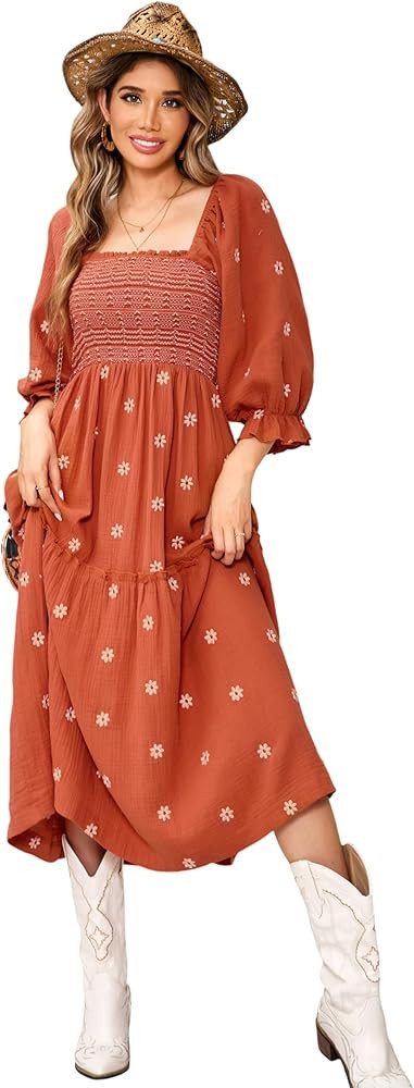 R.Vivimos Women's Long Sleeve Cotton Boho Midi Dress Vintage Square Neck Floral Embroidered Tiere... | Amazon (US)
