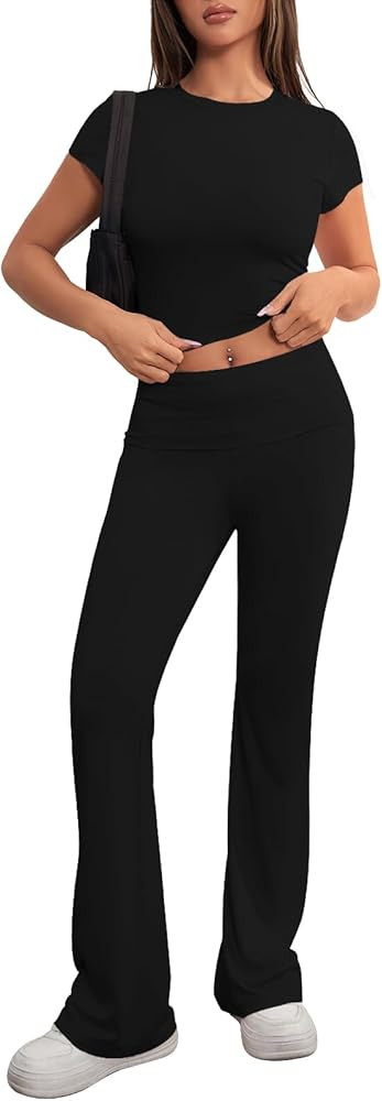 MEROKEETY Women's 2 Piece Outfits Lounge Set Short Sleeve Crop Top Fold Over Flare Pants Y2K Casu... | Amazon (US)