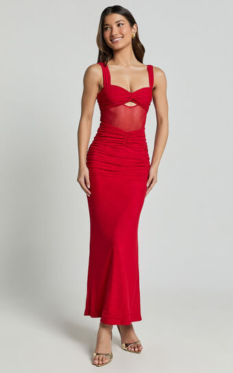 Collette Midi Dress - Ruched Bust Wide Strap Detail Lace Midi Dress in Black | Showpo (US, UK & Europe)