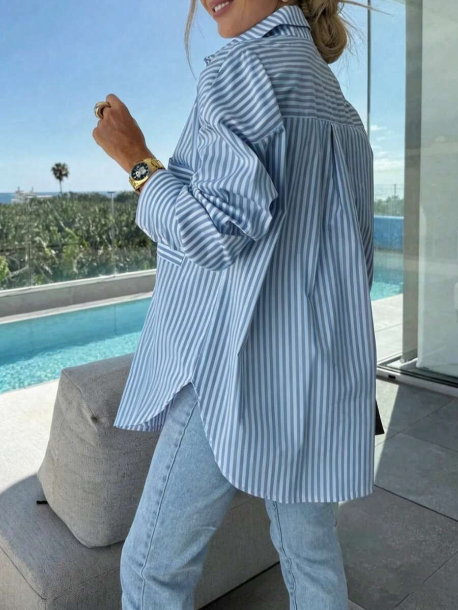 Plus Size Women's Batwing Sleeve Striped Shirt, Casual Loose Fit For Spring/Summer, Suitable For ... | SHEIN