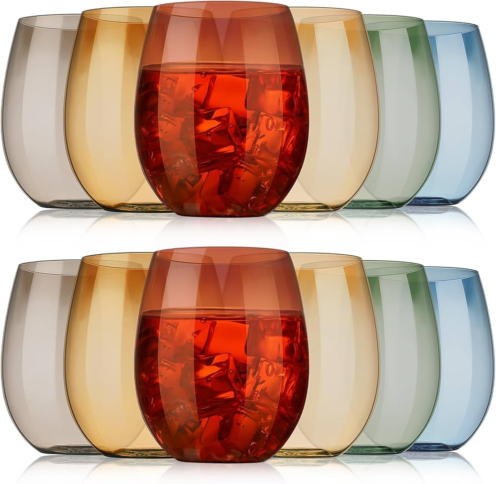 Bokon 12 Pack 12 oz Plastic Stemless Wine Glasses Set Colored Plastic Reusable Wine Shatterproof ... | Amazon (US)