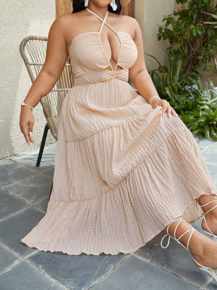 SHEIN VCAY Plus Criss Cross Tie Backless Ruffle Hem Halter Dress | SHEIN