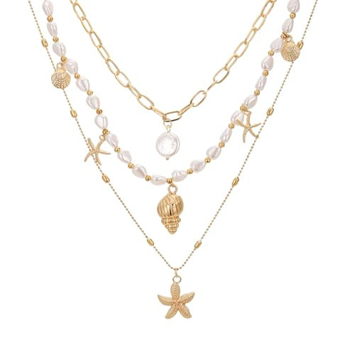 Seashell Starfish Necklace for Women Conch Shell Summer Pearl Beach 14k Gold Layered Dainty Sea Choker | Amazon (US)