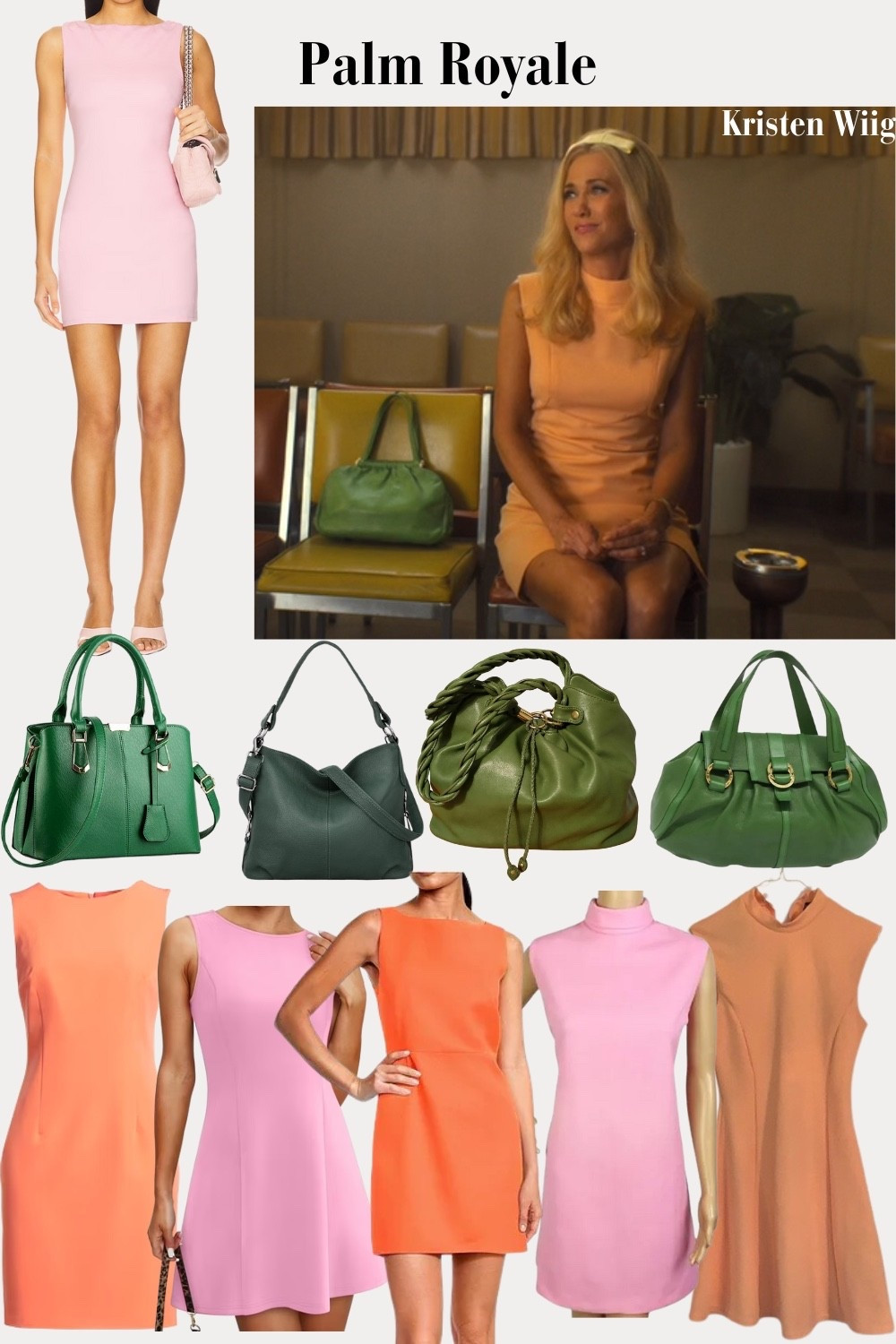 Maxine Simmons Outfit 3 - Maxine wearing a peach sleeveless sheath dress with a mock neckline and minimalist design, seated with a structured green tote placed on the seat beside her, blending elegance with a pop of color.