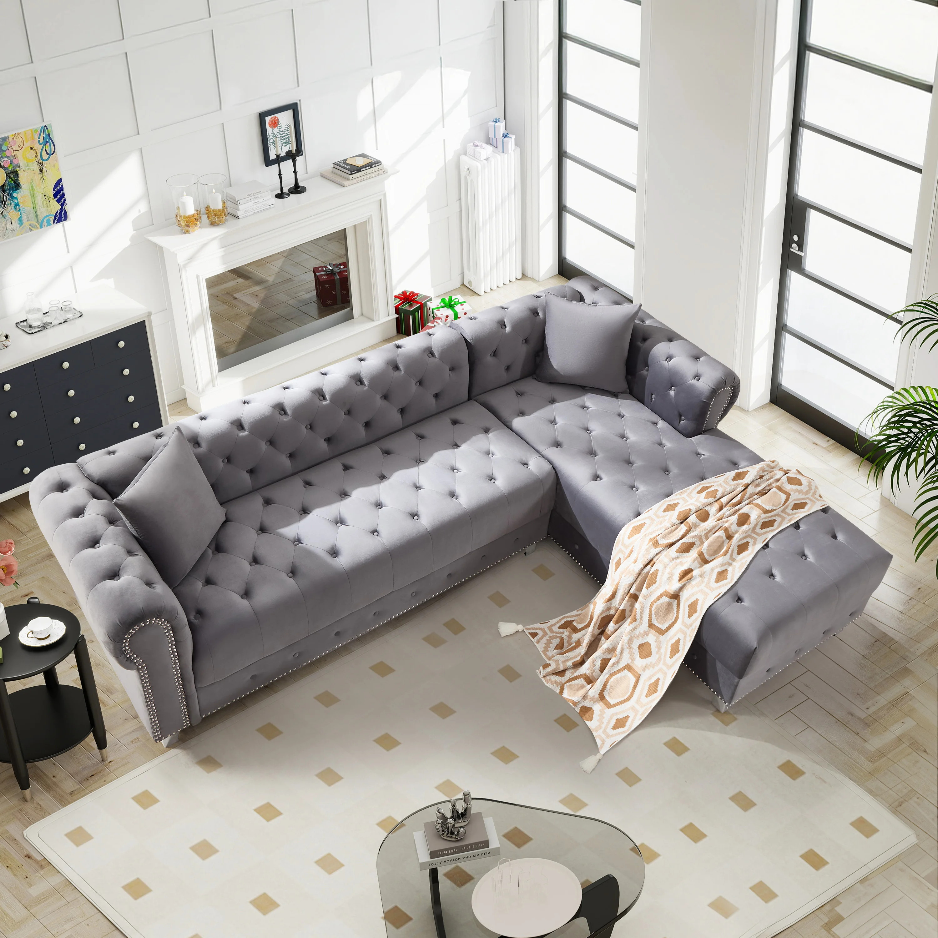Joannette 112.6'' Wide Traditional Tufted Sectional Sofa Chaise with Nail Trim & 2 Pillows | Wayfair North America