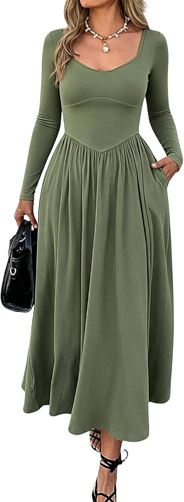 Womens Fall Casual Long Sleeve Pleated Maxi Dresses with Pockets | Amazon (US)