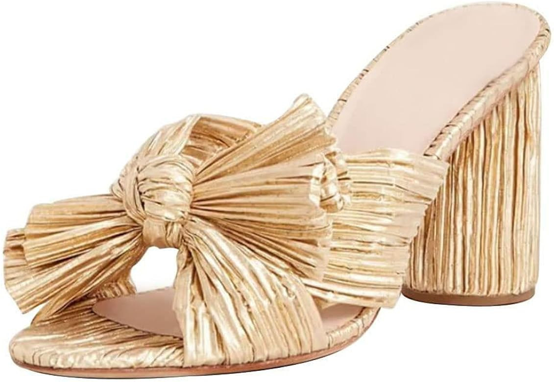 Vimisaoi Chunky Block Heeled Sandals for Women Comfortable Slip On Open Toe Pleated Bow Heel Sandals | Amazon (US)
