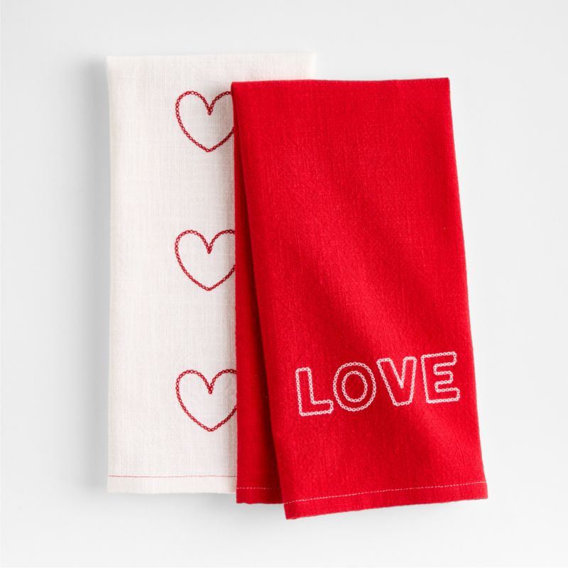 LOVE and Heart Print Embroidered Organic Cotton Dish Towels, Set of 2 | Crate & Barrel | Crate & Barrel