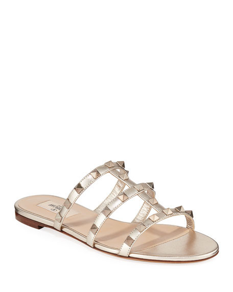 Valentino Garavani Rockstud Metallic City Flat Slide Sandals | Neiman Marcus
