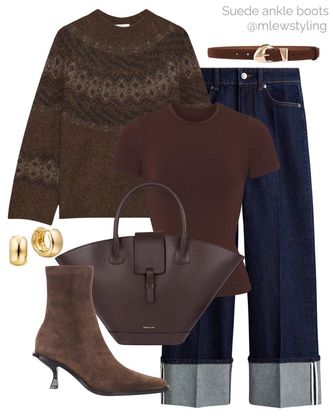 Autumn outfit with a fair isle sweater 🤎🐻

Tags: aritzia wool knit, dark wash cuffed jeans, Paris 64 leather tote bag, suede ankle boots, revolve heels. Mejuri huggie hoops, brown leather belt, chocolate brown skims t-shirt, neutral aesthetic, elevated fall fashion 

#LTKSeasonal #LTKShoeCrush #LTKItBag