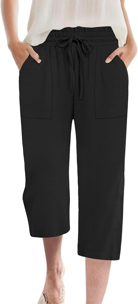 Womens Capri Pants Summer Wide Leg High Waisted Pants Drawstring Casual Trousers with Pockets | Amazon (US)