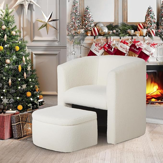 COLAMY Upholstered Sherpa Barrel Accent Chair with Storage Ottoman, Morden Living Room Side Chair... | Amazon (US)