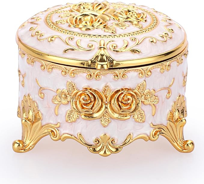 Hipiwe Vintage Round Jewelry Box Small Trinket Storage Organizer Box Gold Metal Chest Ring Case T... | Amazon (US)