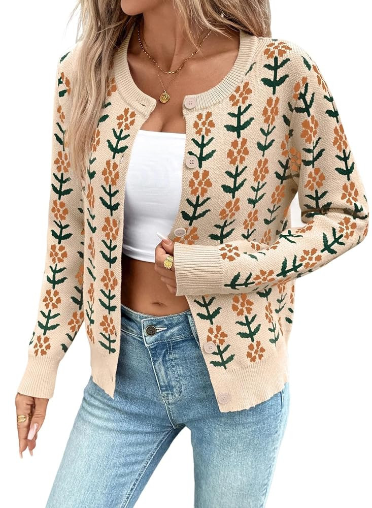 Sidefeel Women's Button Down Cardigan Sweater Long Sleeve Cute Floral Printed Cropped Sweater Coa... | Amazon (US)