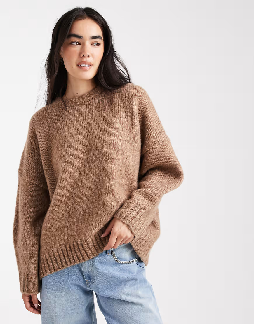 ASOS DESIGN oversized crew neck sweater with curved hem in dark beige-Neutral | ASOS (Global)