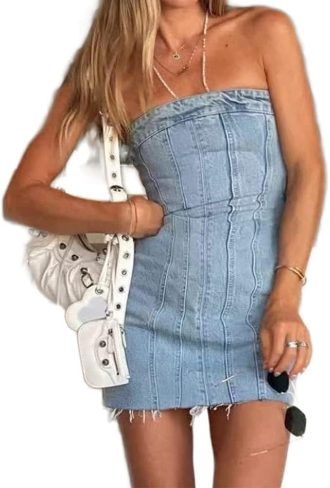 Fronage Women's Sexy Jeans Denim Strapless Dresses Bodycon Corset Tube Mini Dress | Amazon (US)