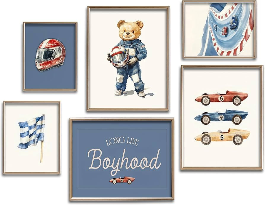 Set of 6 Nursery Race Car Wall Art Vintage Boys Room Wall Decor Navy Blue Vehicle Pictures Teddy ... | Amazon (US)