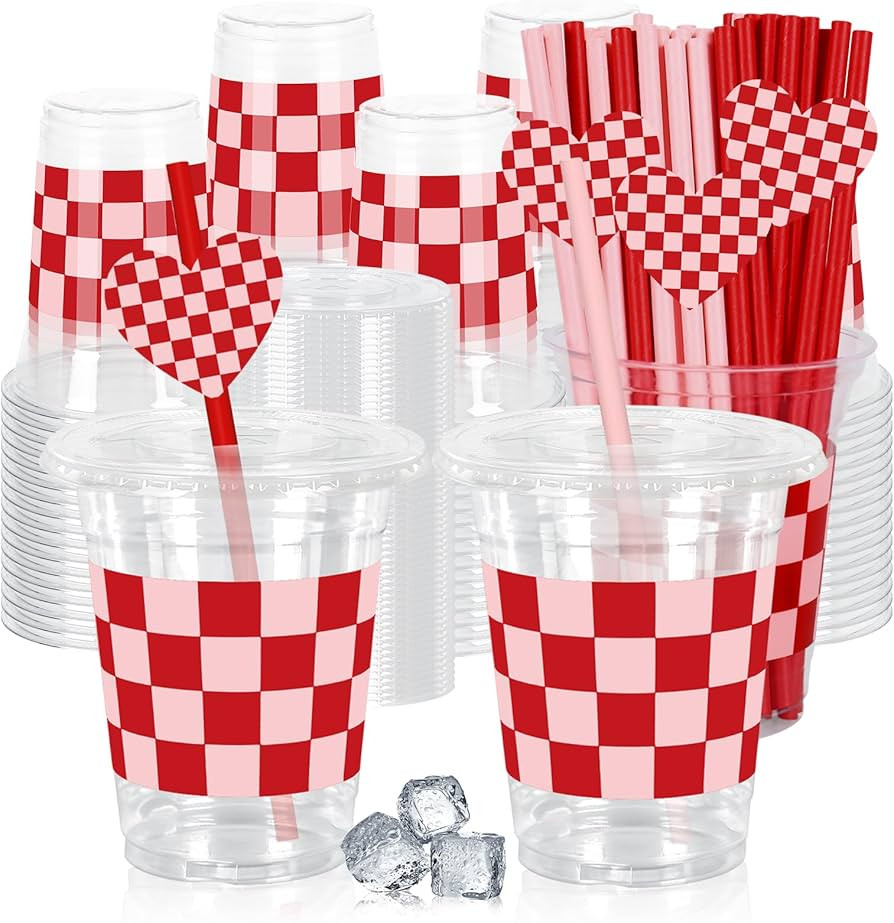 JarThenaAMCS 50Pcs Valentine's Day Plastic Cups with Lids Straws Drinking Cup 12oz Pink Red Check... | Amazon (US)