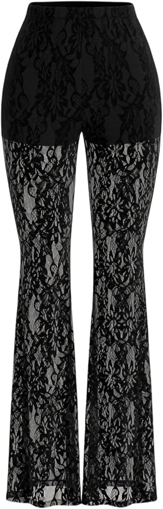 GORGLITTER Women's Lace Bell Bottom Pants Mesh Flare Leg High Waisted Sheer Sexy Goth Leggings Tr... | Amazon (US)