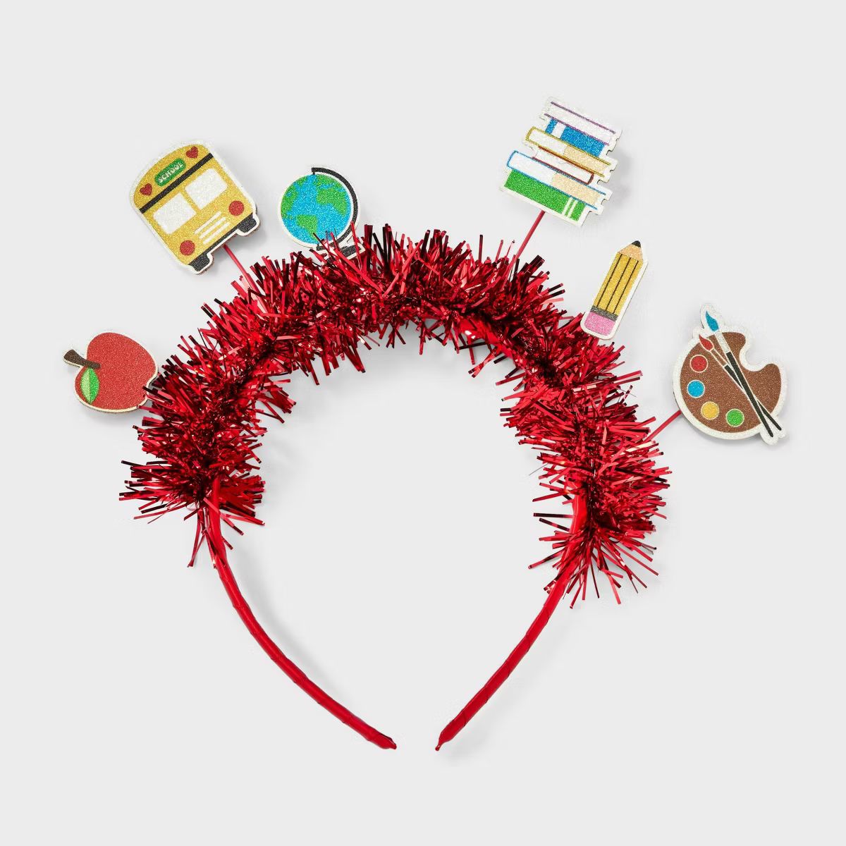 Back to School Bus Apple Pencil Icon Tinsel Headband - Red | Target