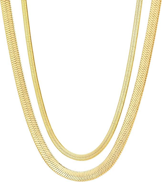 Fiusem Gold Necklace for Women, 14K Gold Plated Herringbone Chain Necklaces, Gold Snake Chain Cho... | Amazon (US)