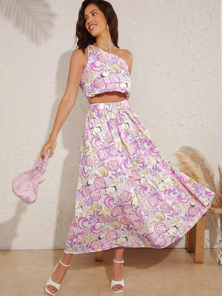 SHEIN Haute Shell One Shoulder Top & Skirt Set | SHEIN