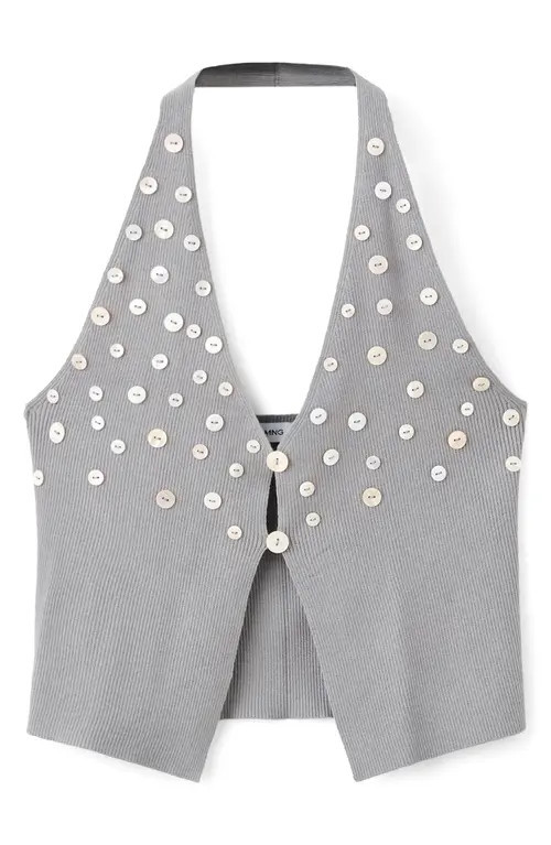MANGO Button Embellished Plunge Neck Halter Tank in Medium Heather Grey at Nordstrom, Size Small | Nordstrom