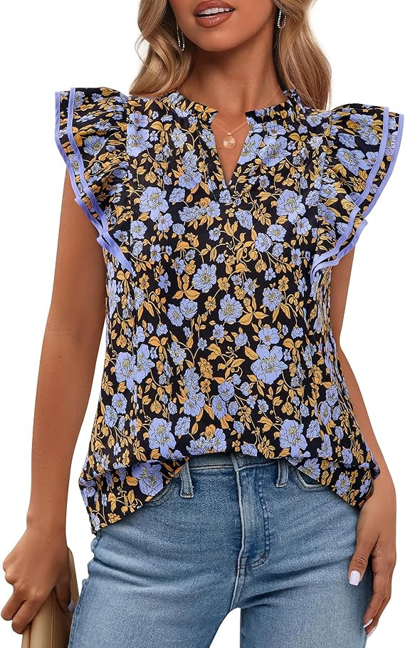 BTFBM Womens Tops Dressy Casual 2026 Spring Summer Shirts Boho Floral V Neck Ruffle Cap Sleeve Bu... | Amazon (US)
