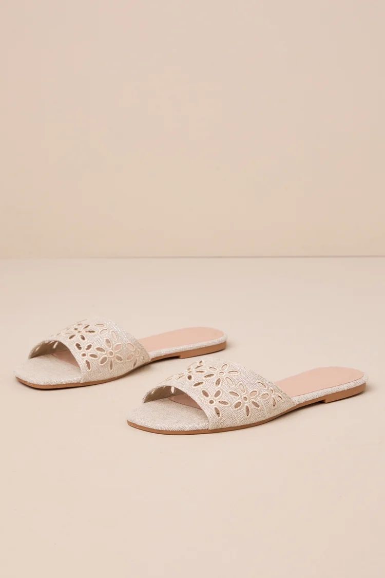 Huela Natural Linen Sparkly Floral Cutout Slide Sandals | Lulus