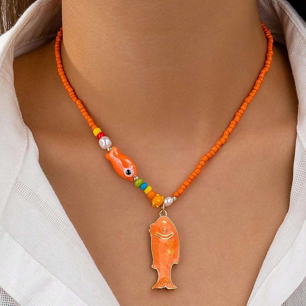 Bohemian Fish Pendant Necklace for Women Men Cute Starfish Beaded Necklace Green Seed Beaded Necklaces Summer Beach Jewelry Gift | Amazon (US)