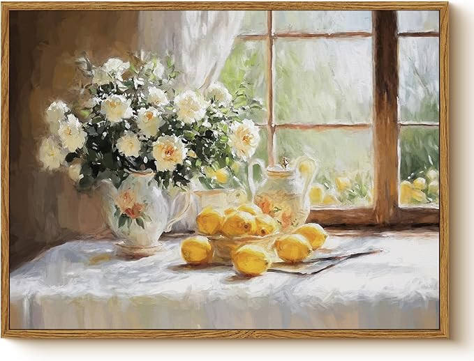 WHASAYART Vintage Lemon, Flower, Vase Near Window Still Life Canvas Print 12x16 Framed Wall Art, ... | Amazon (US)