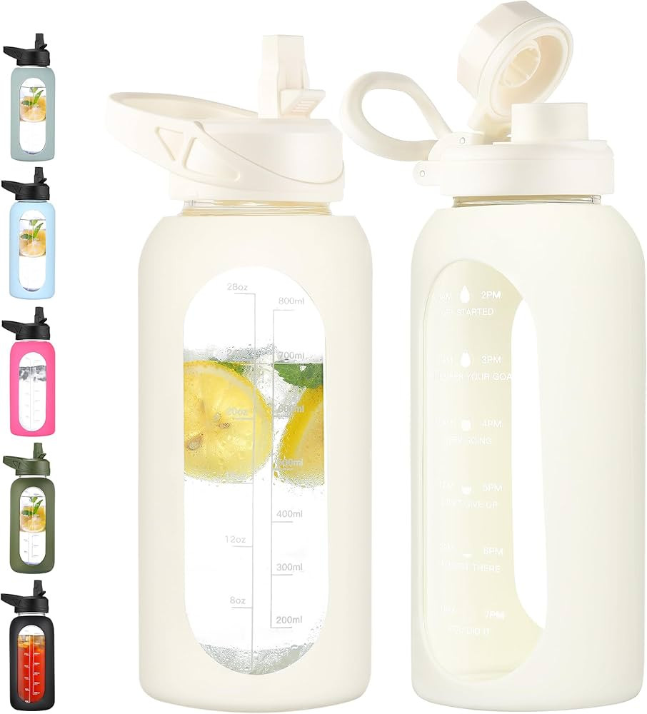 CIVAGO 32 oz Glass Water Bottle with Straw and Handle, Large Sports Motivational Water Bottle Fla... | Amazon (US)