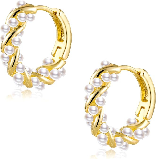 Small Pearl Hoop Earrings for Women, Twisted Huggie Hoop Earrings with Tiny Pearls Chain Link Ear... | Amazon (US)