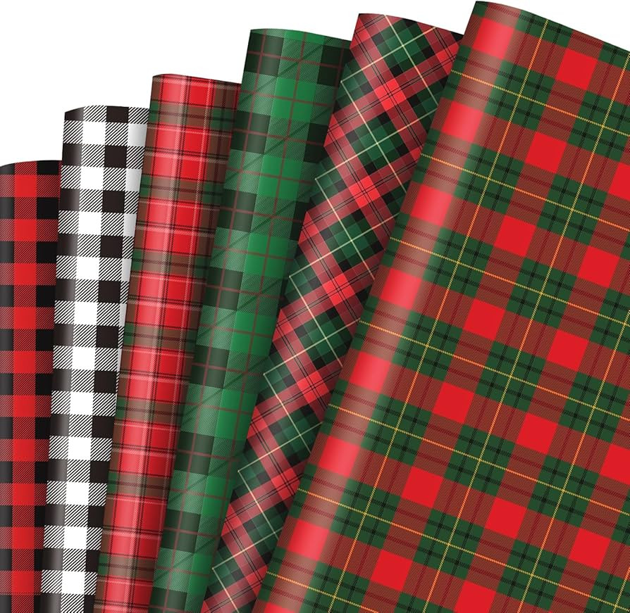 Whaline 12 Sheet Christmas Wrapping Paper Red Black Green Buffalo Plaid Gift Wrap Paper Bulk Fold... | Amazon (US)
