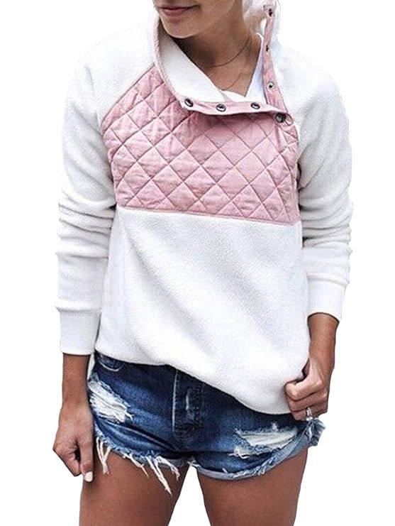 SHIBEVER Womens Plus Fleece Pullover Sweatshirt Long Sleeve Coats Cute Jackets Oblique Button Geo... | Amazon (US)