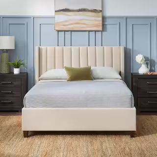 Adele Light Brown Oat Upholstered Queen Platform Bed Frame with a Vertical Channel Tufted Wingbac... | The Home Depot