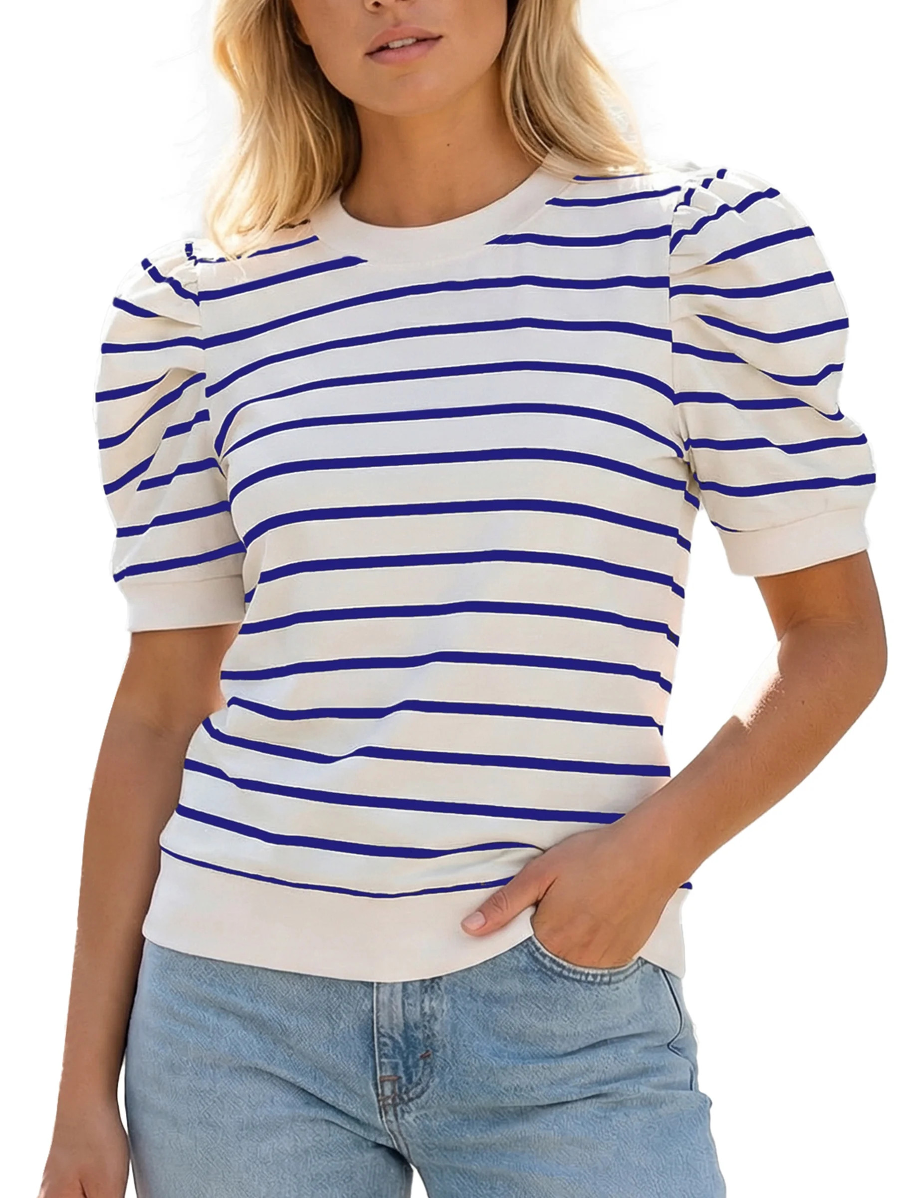 Gingprous Womens Striped Puff Sleeve T-Shirt Casual Crew Neck Knit Top Short Sleeve Summer Spring... | Walmart (US)