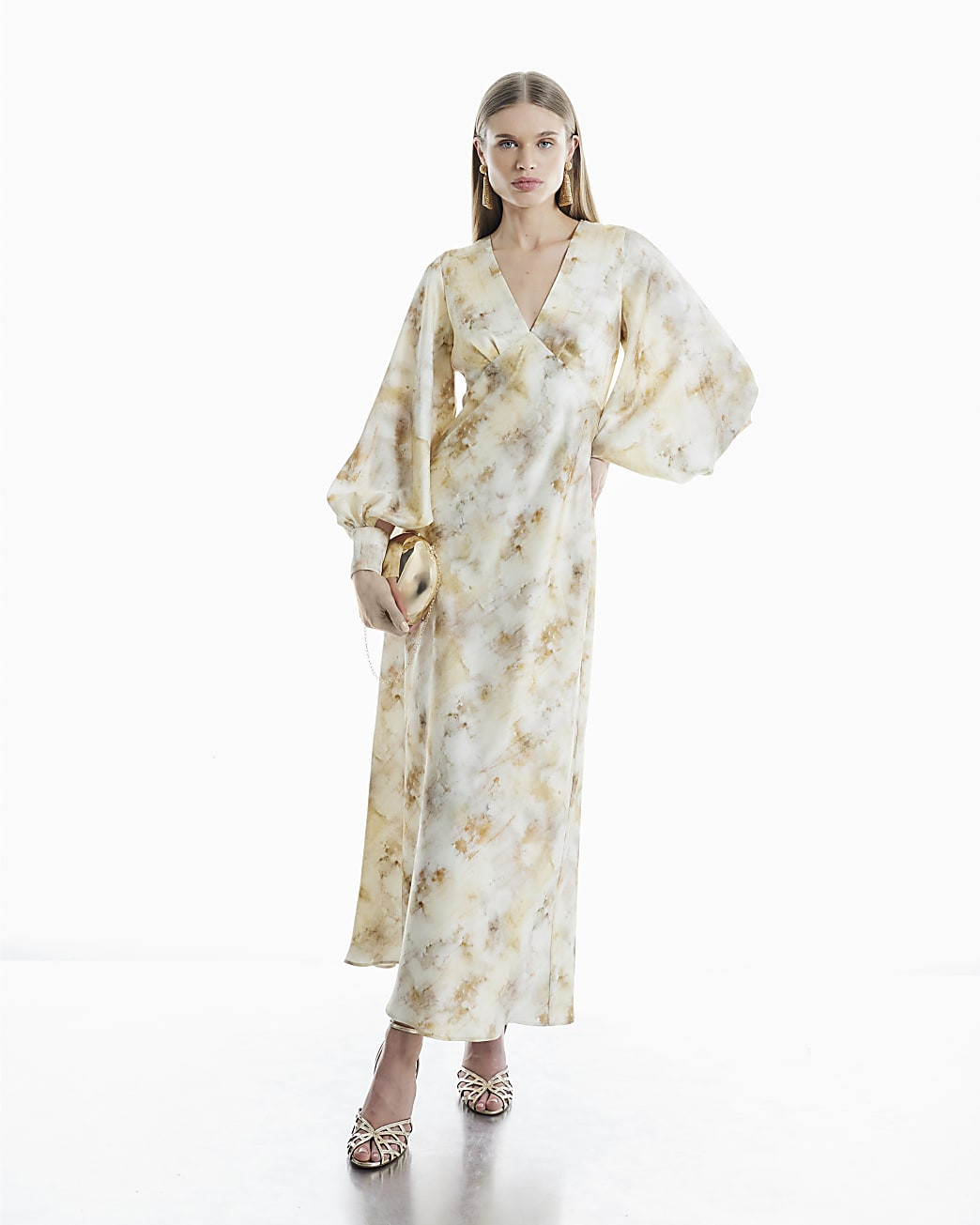 Yellow Long Sleeve V-Neck Midi Dress | River Island UK & IE