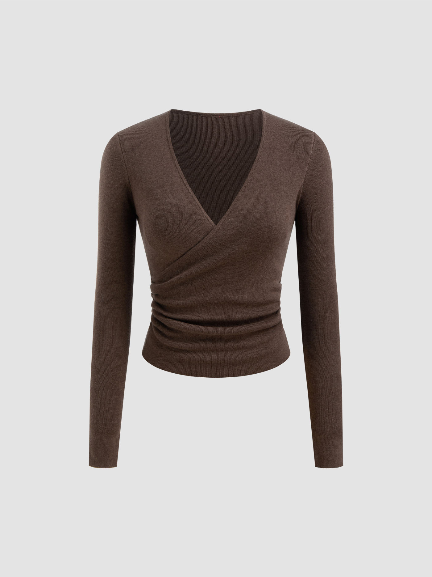 Knit Fabric Wool-blend V-neck Solid Ruched Knitted Long Sleeve Top For School Daily Casual Work | Cider