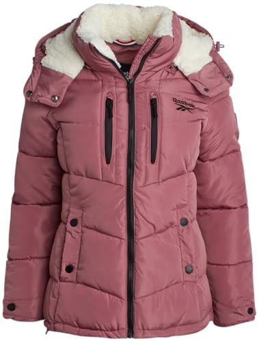Reebok Womens Puffer Jacket - Heavyweight Puffer Coat with Faux Fur Trim Hood - Outerwear Down Winter Jackets for Women, Size Large, Dusty Rose | Amazon (US)