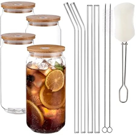 ANOTION Beer Can Glass with Lids and Straw, Bamboo Cover Glass Straw, 20 oz Reusable Drinking Glasse | Amazon (US)