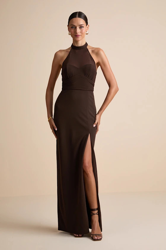 Baani Dark Brown Column Halter Maxi Dress | Lulus